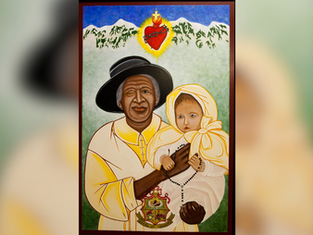 Portrait painting of a Black woman holding a child with a rosary, under a glowing Sacred Heart and mountain backdrop.