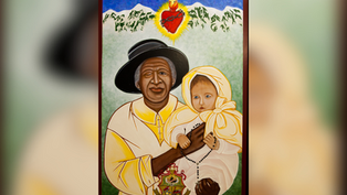 Portrait painting of a Black woman holding a child with a rosary, under a glowing Sacred Heart and mountain backdrop.