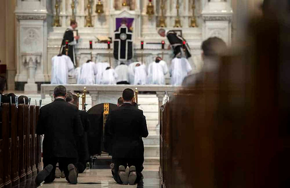 DENVER, CO - MARCH 29: From L-R, Fr. James Jackson, Fr. Daniel Nolan, and Fr. Daniel Kluge celebrate a traditional Latin Requiem Mass for Boulder police officer Eric Talley at the Cathedral Basilica of the Immaculate Conception on March 29, 2021, in Denver, Colorado. (Photo by Daniel Petty/Archdiocese of Denver)