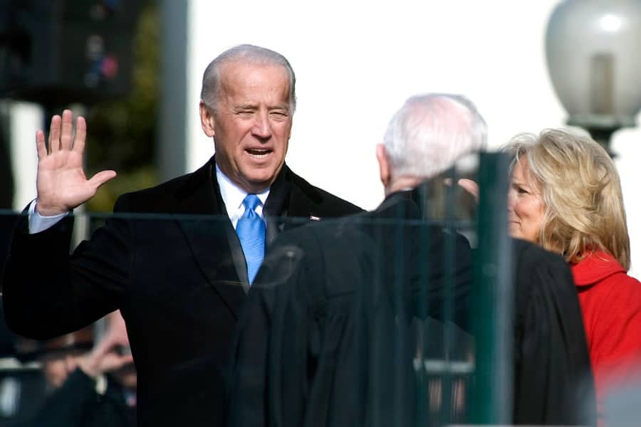 090120-N-0696M-204 Vice President Joe Biden takes the oath of office at the 56th Presidential Inauguration, Washington, D.C., Jan. 20, 2009 (DoD photo by Mass Communication Specialist 1st Class Chad J. McNeeley/Released)
