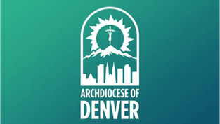 White Archdiocese of Denver logo on teal gradient background, with mountain, city skyline, and crucifix iconography