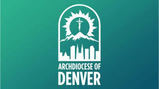 White Archdiocese of Denver logo on teal gradient background, with mountain, city skyline, and crucifix iconography