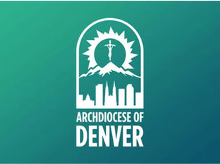 White Archdiocese of Denver logo on teal background. Features a crucifix, sun, mountains, and city skyline. Text reads "ARCHDIOCESE OF DENVER".
