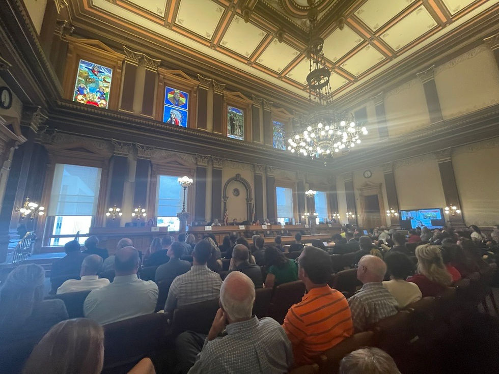 Large audience in a grand hall with stained glass windows and chandeliers, facing a panel. Mood is formal and attentive.