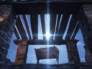 Stone stable at night with a wooden manger under beams, illuminated by a bright star in a snowy sky, creating a serene atmosphere.