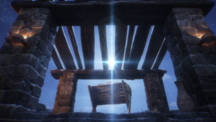 Stone stable at night with a wooden manger under beams, illuminated by a bright star in a snowy sky, creating a serene atmosphere.