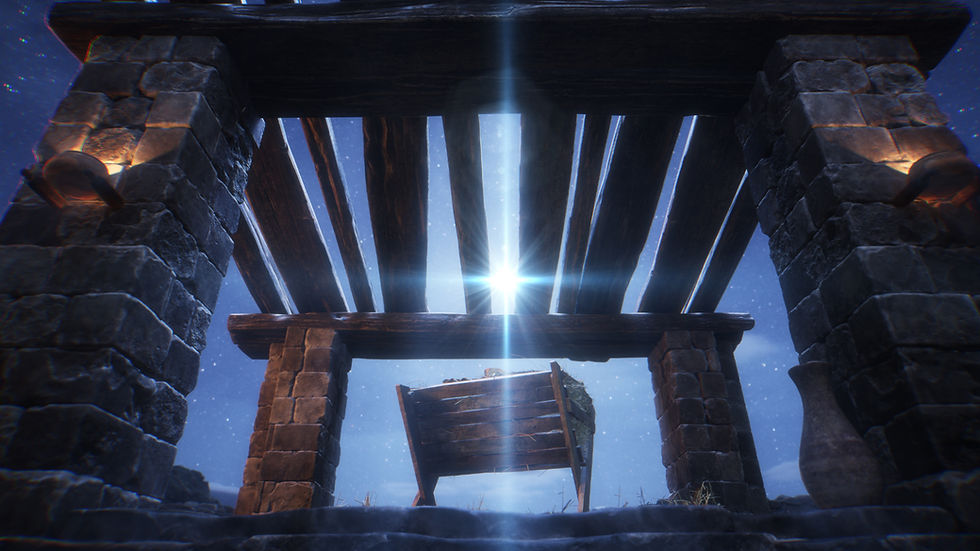 Stone stable at night with a wooden manger under beams, illuminated by a bright star in a snowy sky, creating a serene atmosphere.