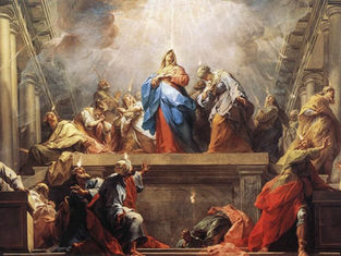A group of people in robes stand beneath a radiant light in a grand hall. They appear awed and inspired. Vivid reds, blues, and pillars dominate.