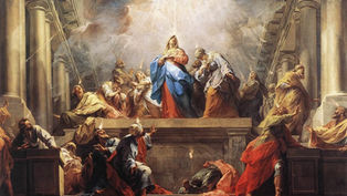 A group of people in robes stand beneath a radiant light in a grand hall. They appear awed and inspired. Vivid reds, blues, and pillars dominate.