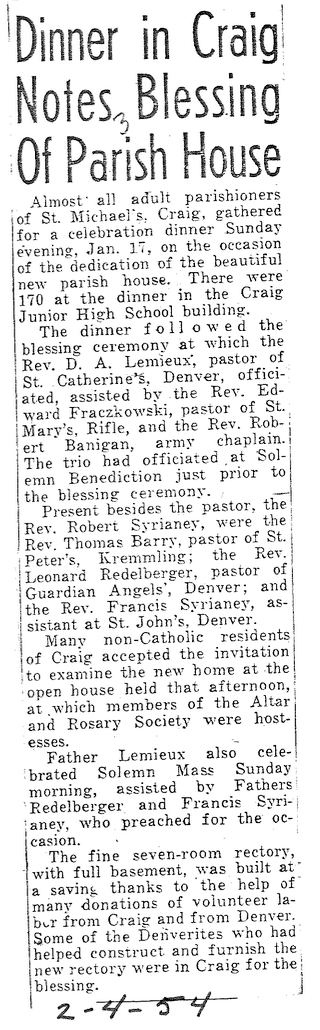 Newspaper article titled "Dinner in Craig Notes Blessing of Parish House" describes a dinner and blessing ceremony at St. Michael's in Craig.