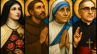Four stained glass portraits of religious figures with halos, in prayer or holding objects. Backgrounds in gold and blue, creating a serene mood.
