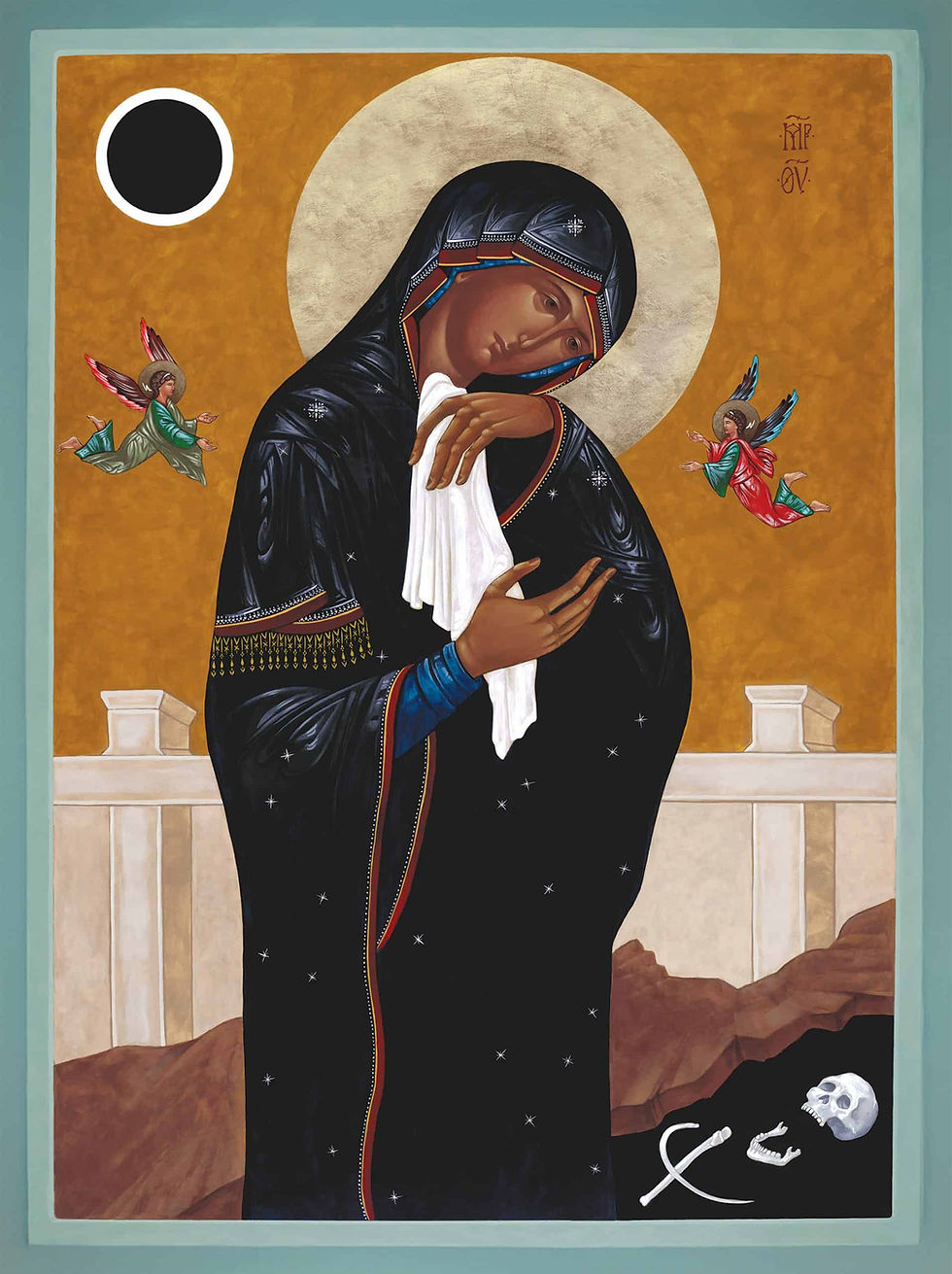A solemn figure in black holds a white cloth, with a gold halo, flanked by angels. Skull and tools below. Greek text adorns the background.
