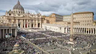 Crowd gathers in St. Peter's Square, Vatican City, under cloudy skies. The basilica and obelisk are prominent. Mood is solemn and lively.