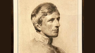 Portrait sketch of a man in profile with short hair and a high-collared shirt. Soft shading, sepia tones, and a calm expression.