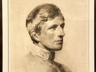 Portrait sketch of a man in profile with short hair and a high-collared shirt. Soft shading, sepia tones, and a calm expression.