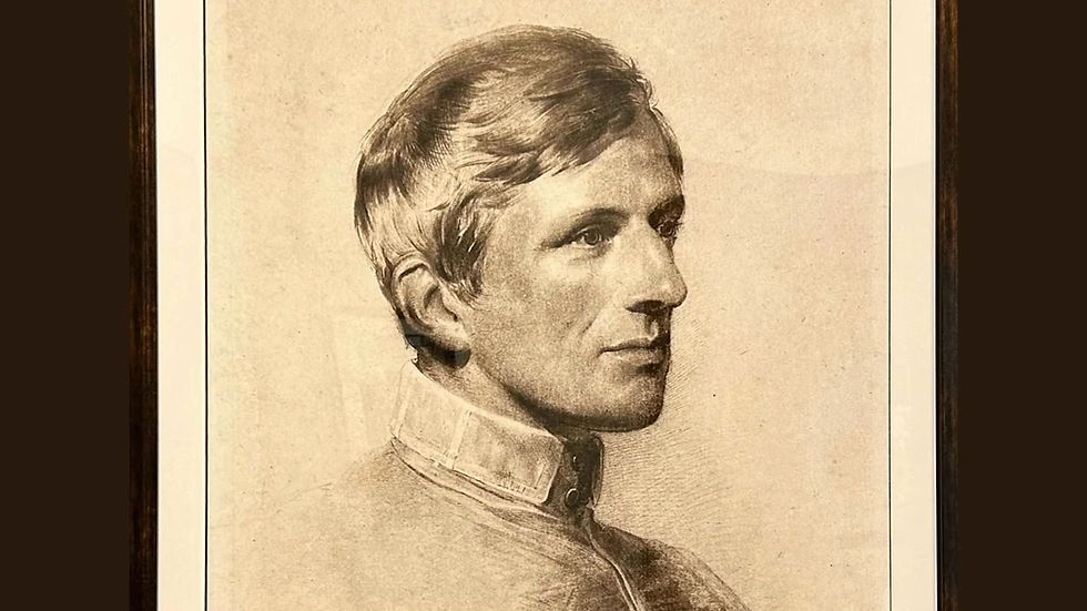 Portrait sketch of a man in profile with short hair and a high-collared shirt. Soft shading, sepia tones, and a calm expression.