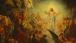 A luminous figure in white is surrounded by a crowd in a dynamic, ancient setting. Warm colors dominate, with an ethereal, mystical mood.