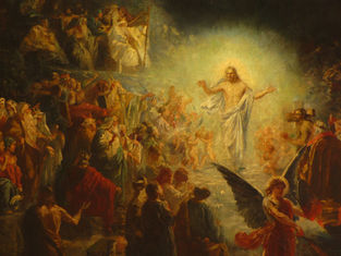 A luminous figure in white is surrounded by a crowd in a dynamic, ancient setting. Warm colors dominate, with an ethereal, mystical mood.