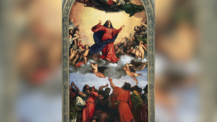 Renaissance painting of the Virgin Mary ascending in red and blue, surrounded by cherubs and apostles in a glowing cloudy sky.
