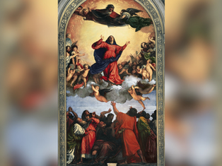 Renaissance painting of the Virgin Mary ascending in red and blue, surrounded by cherubs and apostles in a glowing cloudy sky.