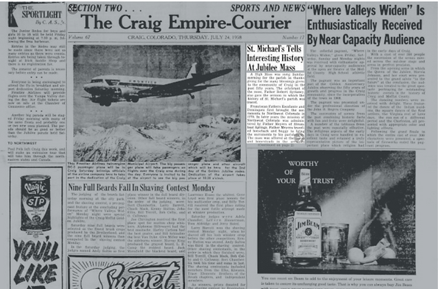 Vintage newspaper page featuring "The Craig Empire-Courier," with an airplane image, articles, and ads. Highlighted text column titled "St. Michael’s Tells."