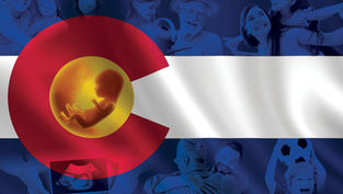 Colorado flag design featuring a fetus inside the "C" shape, with various joyful people in the background, creating a hopeful mood.