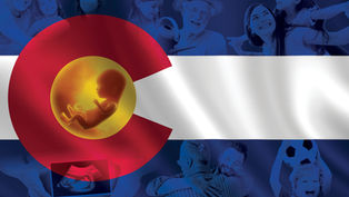Colorado flag design featuring a fetus inside the "C" shape, with various joyful people in the background, creating a hopeful mood.