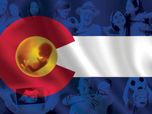 Colorado flag design featuring a fetus inside the "C" shape, with various joyful people in the background, creating a hopeful mood.