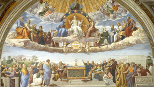 Renaissance fresco of Christ enthroned in clouds above theologians gathered around an altar, with gold and blue celestial figures