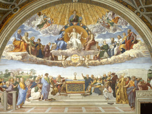 Renaissance fresco of Christ enthroned in clouds above theologians gathered around an altar, with gold and blue celestial figures