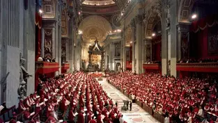 Clergy in red robes gather in a grand cathedral with ornate arches and a lavish altar, creating a solemn, ceremonial atmosphere.