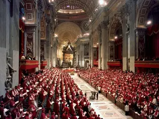 Clergy in red robes gather in a grand cathedral with ornate arches and a lavish altar, creating a solemn, ceremonial atmosphere.