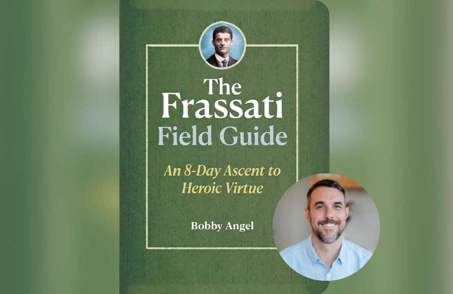 Green book cover titled "The Frassati Field Guide" by Bobby Angel. Includes text "An 8-Day Ascent to Heroic Virtue" and two portraits.