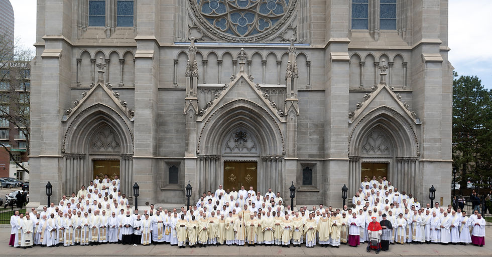 Clergy in white robes gather in prayer in a church. The setting is solemn with a focus on unity and spirituality. "Reserved Priests" text visible.