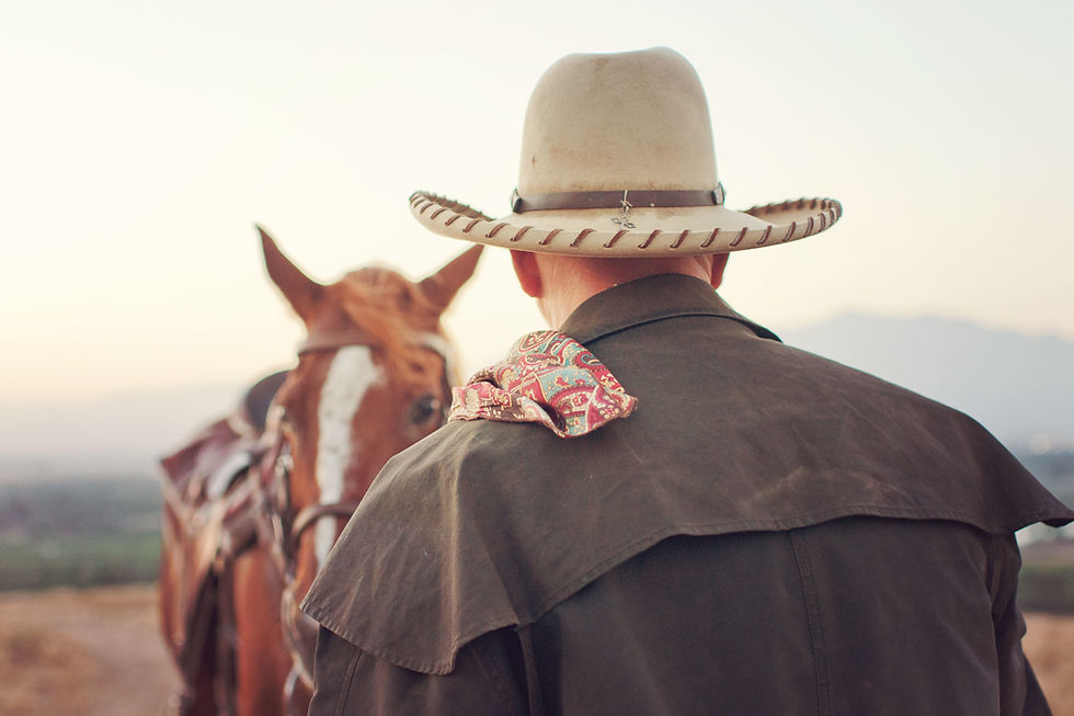 Cowboy with hat and patterned scarf stands with horse in open field at sunset. Warm earthy tones, peaceful atmosphere.