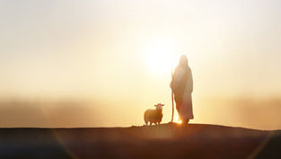 Silhouette of a person with a staff and a sheep against a golden sunrise, creating a peaceful and serene atmosphere on a hilltop.