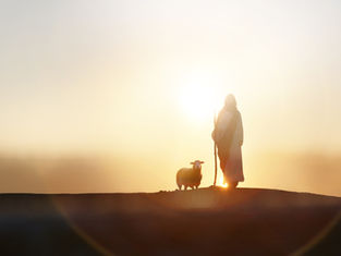 Silhouette of a person with a staff and a sheep against a golden sunrise, creating a peaceful and serene atmosphere on a hilltop.