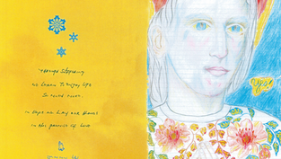 Portrait of a person with floral clothing and halo on blue. Yellow background with handwritten text and snowflakes. Mood is reflective.