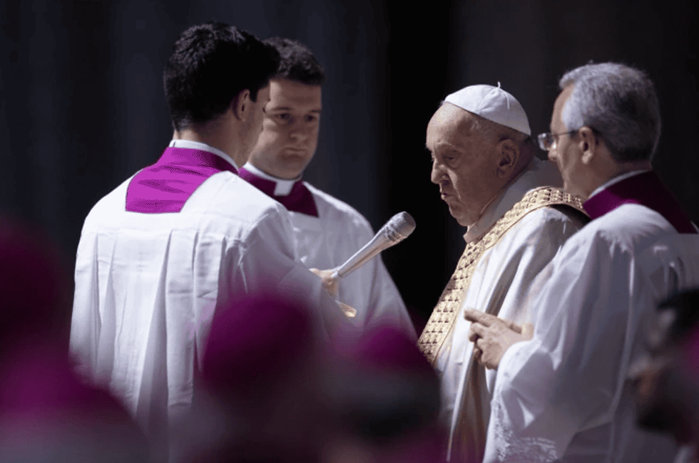 Pope Francis addresses the crowd at the proclamation of the papal bull “Spes Non Confudit,” meaning “Hope Does Not Disappoint,” at the Vatican on Thursday, May 9, 2024. (Photo: Daniel Ibáñez/EWTN/Vatican Pool)