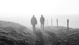 Two people walk along a foggy rural path beside a fence, with misty fields in the background. The mood is serene and monochromatic.