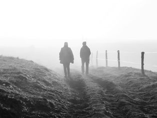 Two people walk along a foggy rural path beside a fence, with misty fields in the background. The mood is serene and monochromatic.