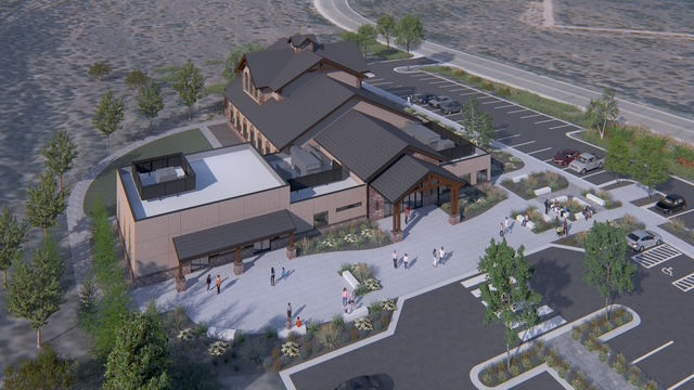 A computer-generated rendering of a new church, viewed from above.