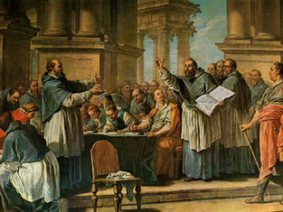 A group of men in robes gathered around a table, engaged in discussion. One holds a book up, gesturing. The setting is an ornate hall.