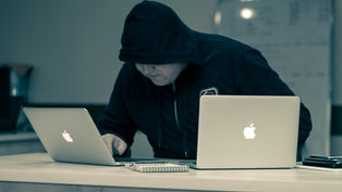 Hooded person working on two laptops at a desk, focused intently. Background shows a whiteboard. Notepad and pen on the desk.