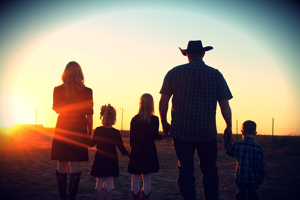 A family of five, holding hands, stands in silhouette against a vibrant sunset. They are in open country, with a peaceful, warm ambiance.