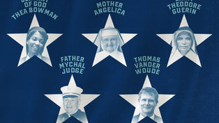 Blue poster with six white stars holding portraits and names: Thea Bowman, Mother Angelica, Saint Theodore Guerin, Father Mychal Judge, Thomas Vander Woude