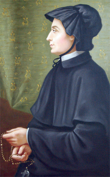 Side-profile portrait of a woman in dark dress and bonnet holding rosary beads against a green patterned backdrop.