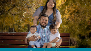 Smiling family of four on a bench in front of autumn trees. Text "Appeal in Action" below. Warm tones and joyful mood.