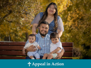 Smiling family of four on a bench in front of autumn trees. Text "Appeal in Action" below. Warm tones and joyful mood.