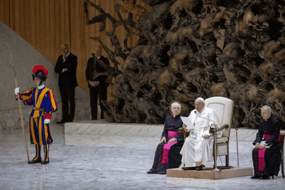 Pope Francis addresses pilgrims gathered in the Paul VI Audience Hall at the Vatican for his general audience on Wednesday, Dec. 11, 2024. (Photo: Daniel Ibañez/CNA)